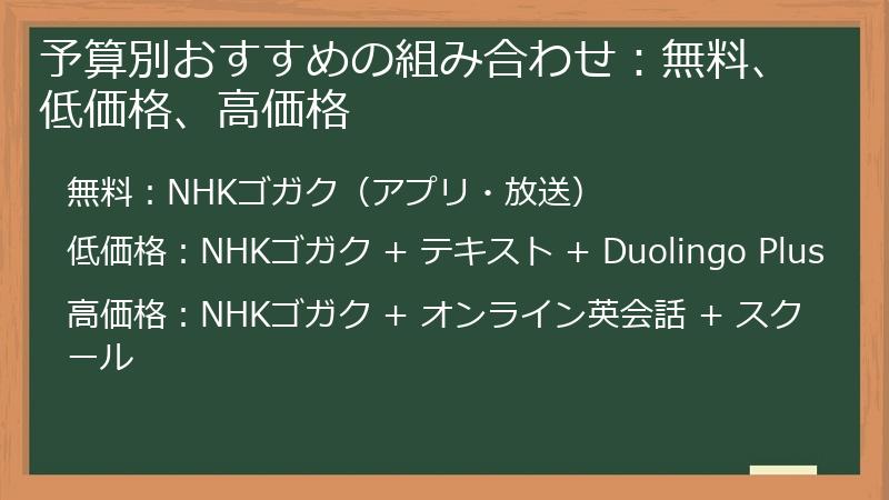 予算別おすすめの組み合わせ：無料、低価格、高価格