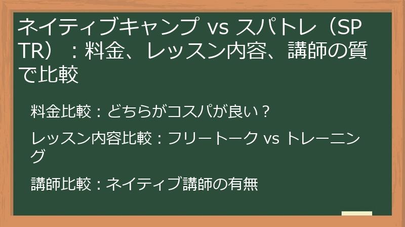 ネイティブキャンプ vs スパトレ（SPTR）：料金、レッスン内容、講師の質で比較