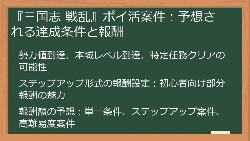 『三国志 戦乱』ポイ活案件：予想される達成条件と報酬
