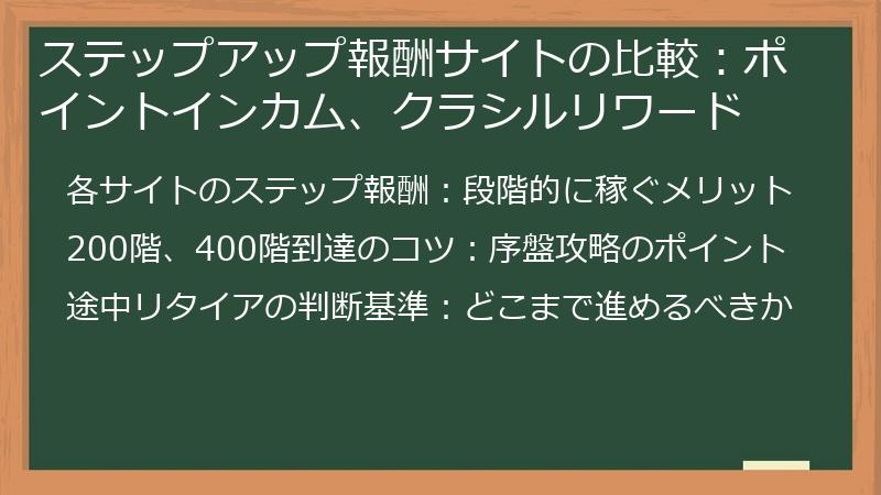 ステップアップ報酬サイトの比較：ポイントインカム、クラシルリワード