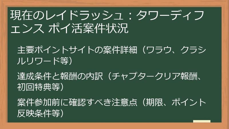 現在のレイドラッシュ：タワーディフェンス ポイ活案件状況
