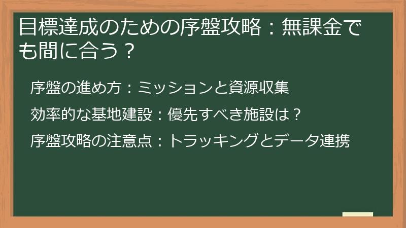 目標達成のための序盤攻略：無課金でも間に合う？