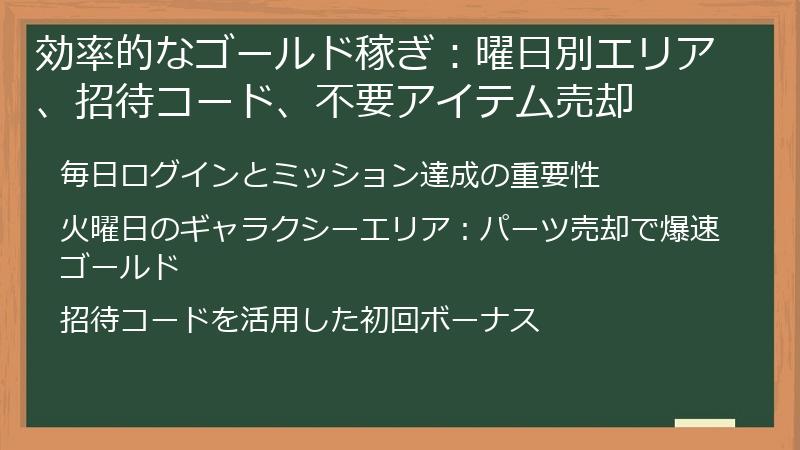 効率的なゴールド稼ぎ：曜日別エリア、招待コード、不要アイテム売却