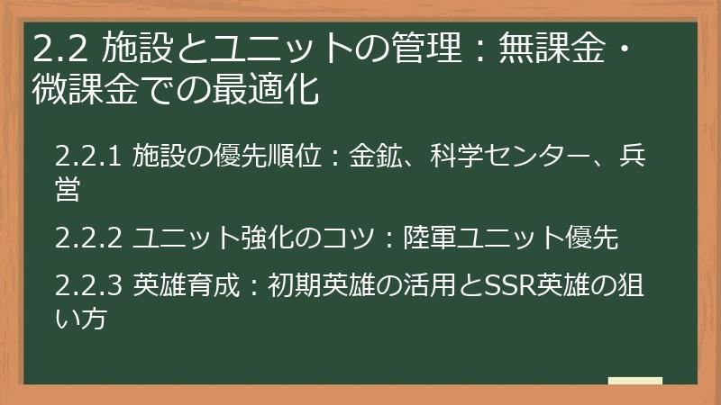 2.2 施設とユニットの管理：無課金・微課金での最適化