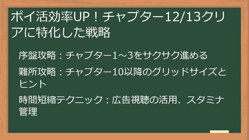 ポイ活効率UP！チャプター12/13クリアに特化した戦略