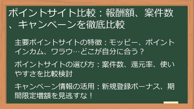 ポイントサイト比較：報酬額、案件数、キャンペーンを徹底比較