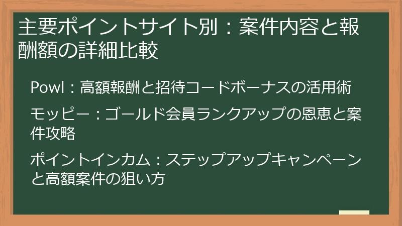 主要ポイントサイト別：案件内容と報酬額の詳細比較
