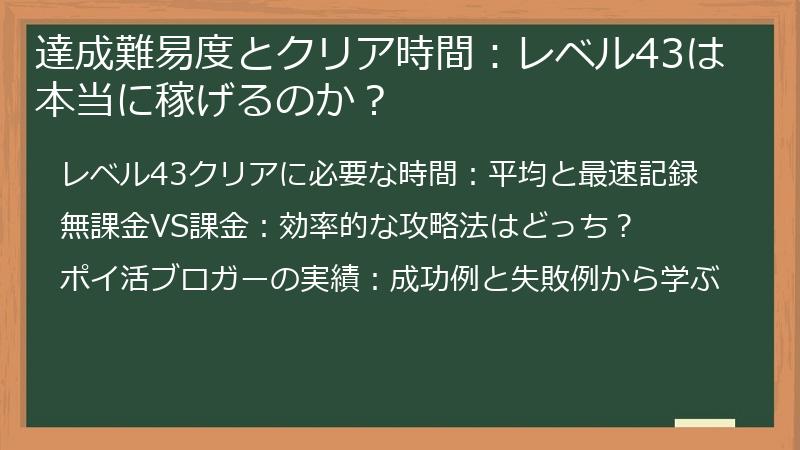 達成難易度とクリア時間：レベル43は本当に稼げるのか？