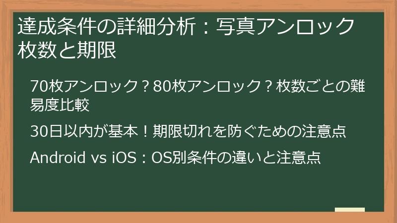 達成条件の詳細分析：写真アンロック枚数と期限