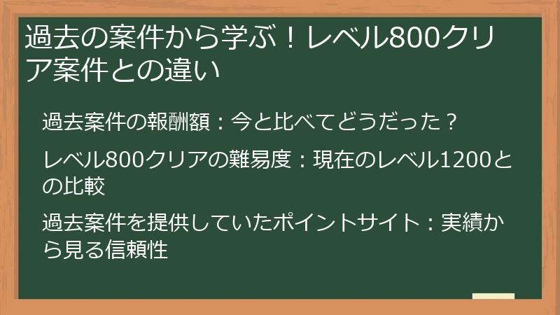 過去の案件から学ぶ！レベル800クリア案件との違い