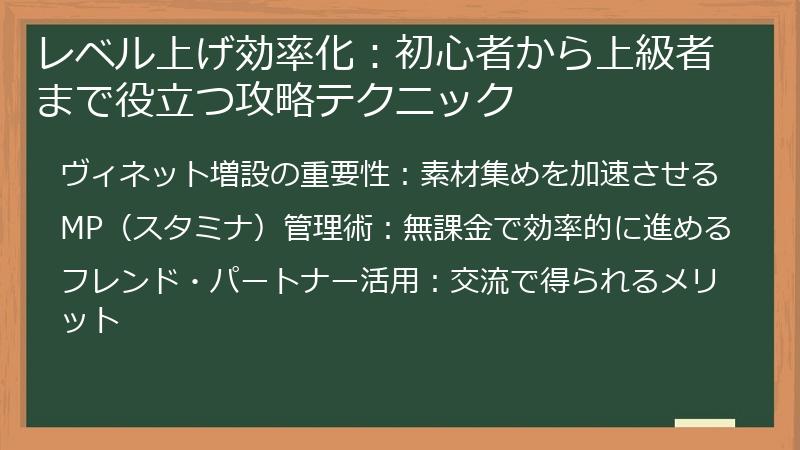 レベル上げ効率化：初心者から上級者まで役立つ攻略テクニック