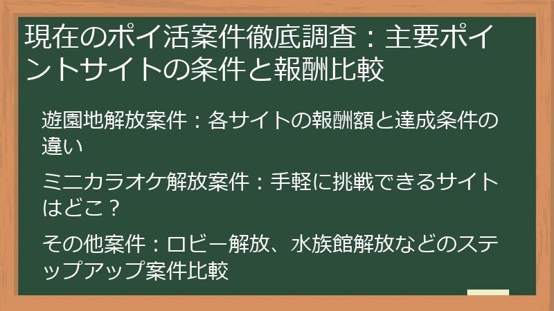 現在のポイ活案件徹底調査：主要ポイントサイトの条件と報酬比較