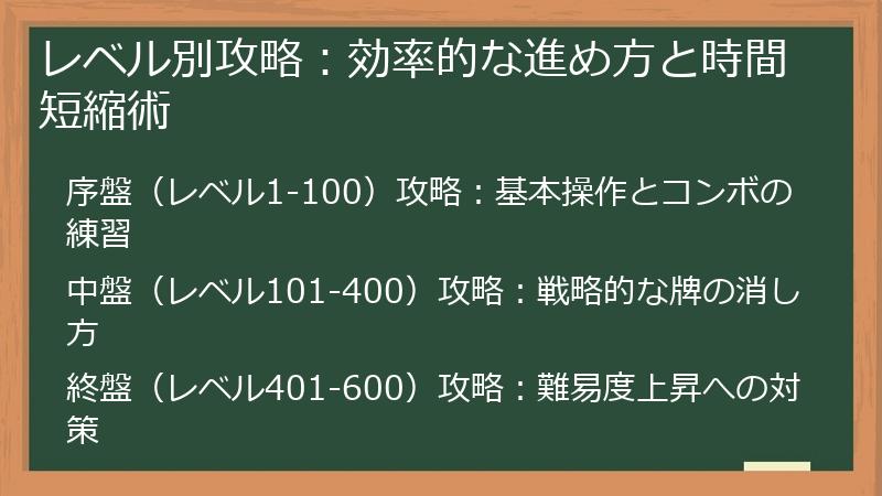 レベル別攻略：効率的な進め方と時間短縮術