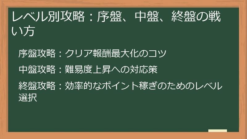 レベル別攻略：序盤、中盤、終盤の戦い方