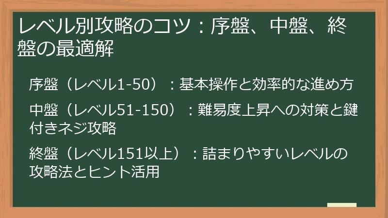 レベル別攻略のコツ：序盤、中盤、終盤の最適解