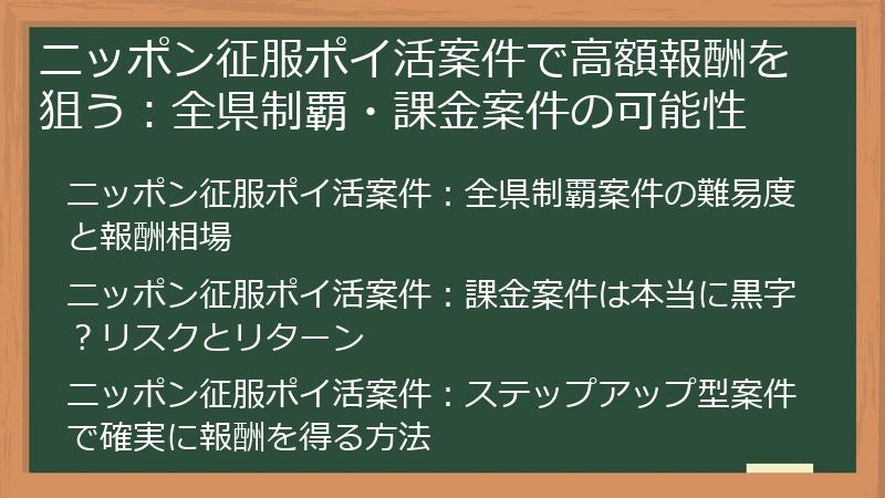 ニッポン征服ポイ活案件で高額報酬を狙う：全県制覇・課金案件の可能性