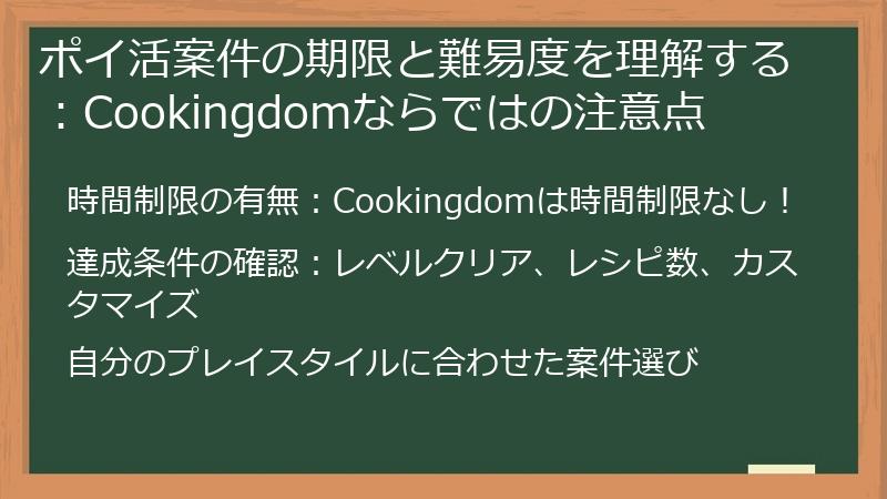 ポイ活案件の期限と難易度を理解する：Cookingdomならではの注意点