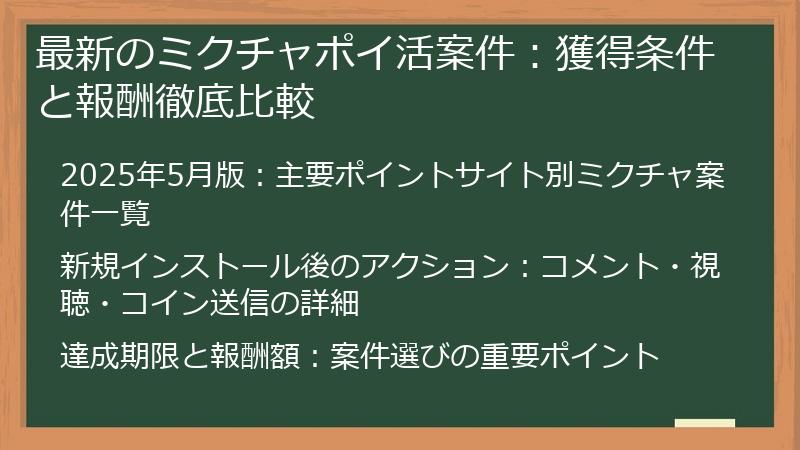 最新のミクチャポイ活案件：獲得条件と報酬徹底比較