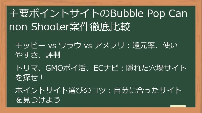 主要ポイントサイトのBubble Pop Cannon Shooter案件徹底比較