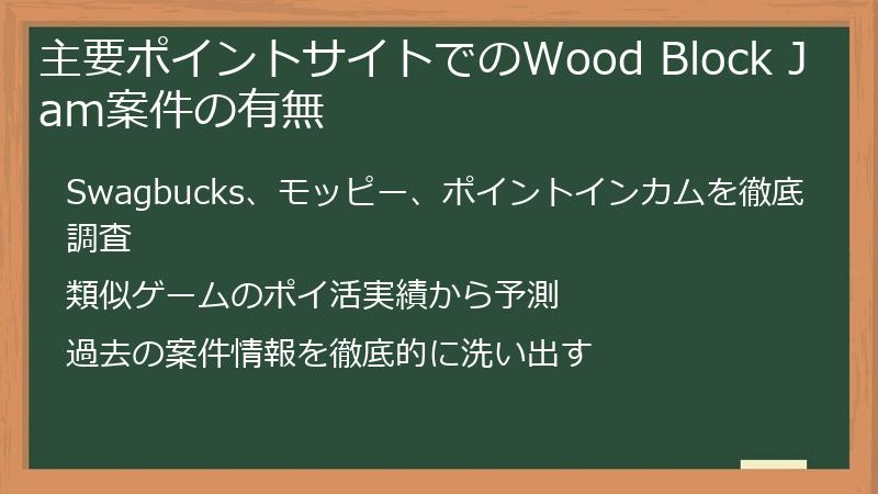 主要ポイントサイトでのWood Block Jam案件の有無