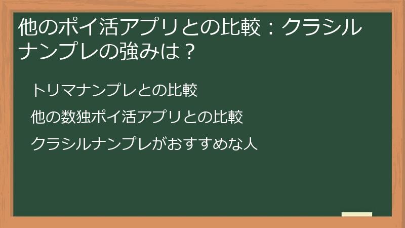 他のポイ活アプリとの比較：クラシルナンプレの強みは？