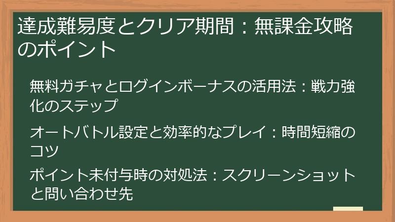達成難易度とクリア期間：無課金攻略のポイント