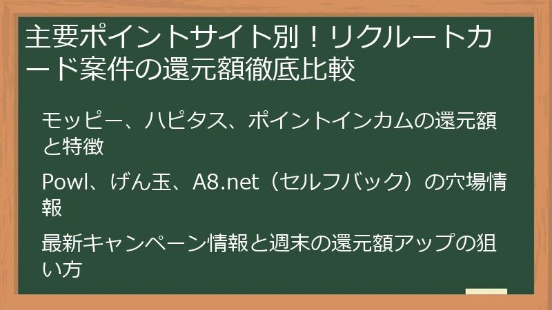 主要ポイントサイト別！リクルートカード案件の還元額徹底比較
