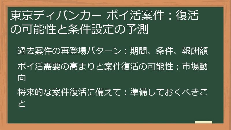 東京ディバンカー ポイ活案件：復活の可能性と条件設定の予測