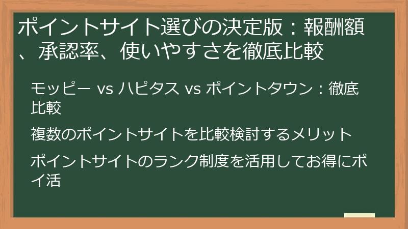 ポイントサイト選びの決定版：報酬額、承認率、使いやすさを徹底比較