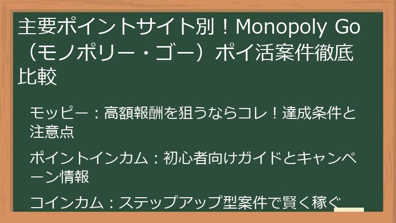主要ポイントサイト別！Monopoly Go（モノポリー・ゴー）ポイ活案件徹底比較