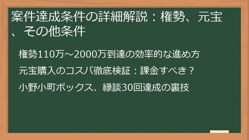 案件達成条件の詳細解説：権勢、元宝、その他条件