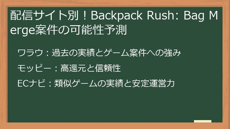 配信サイト別！Backpack Rush: Bag Merge案件の可能性予測