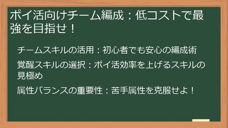 ポイ活向けチーム編成：低コストで最強を目指せ！