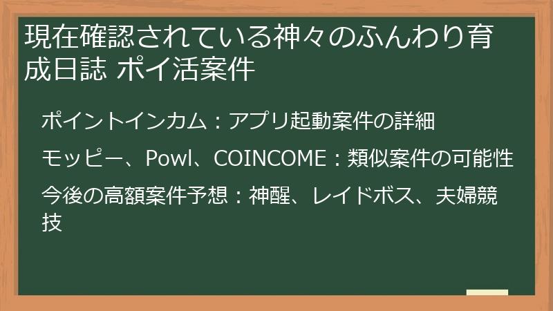 現在確認されている神々のふんわり育成日誌 ポイ活案件