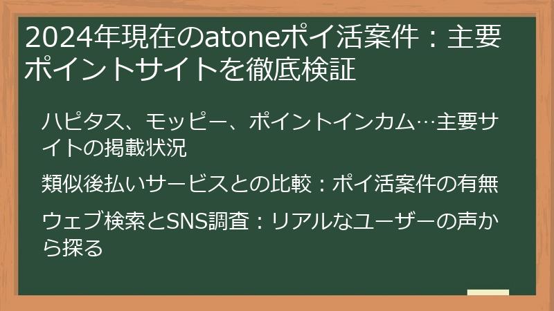 2024年現在のatoneポイ活案件：主要ポイントサイトを徹底検証
