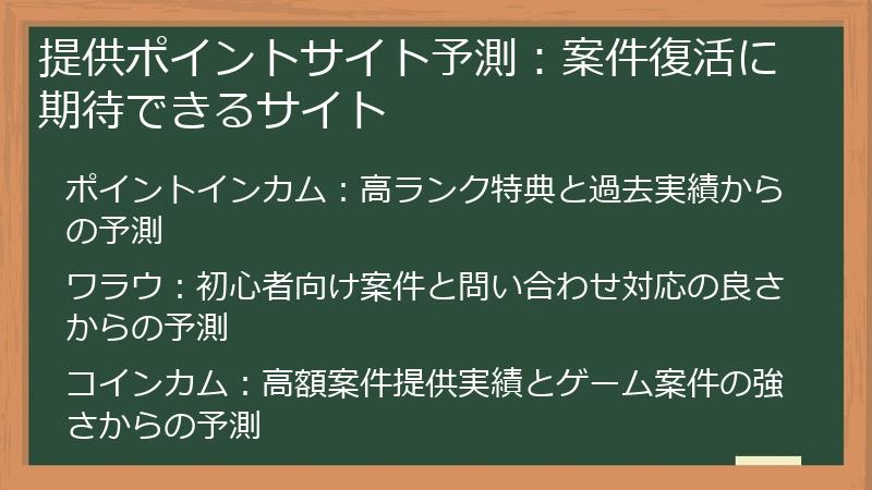 提供ポイントサイト予測：案件復活に期待できるサイト