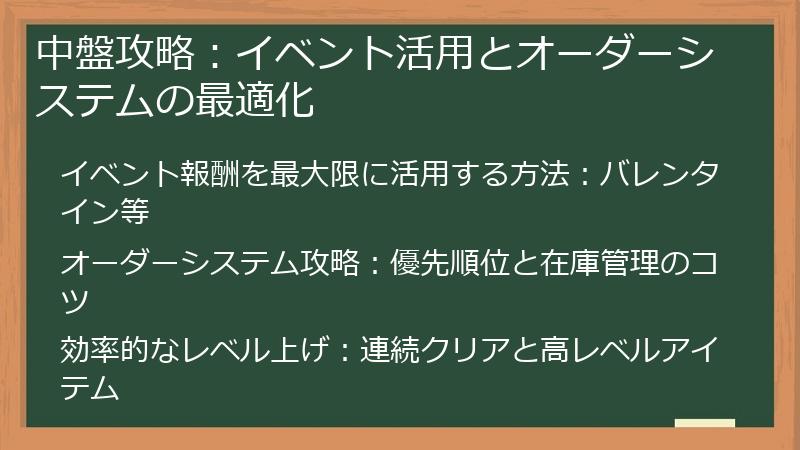 中盤攻略：イベント活用とオーダーシステムの最適化