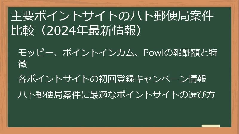 主要ポイントサイトのハト郵便局案件比較（2024年最新情報）