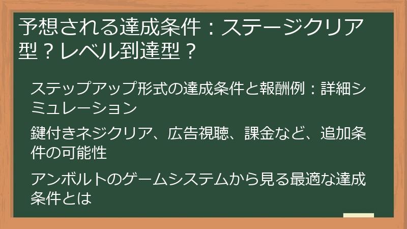 予想される達成条件：ステージクリア型？レベル到達型？