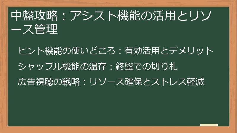 中盤攻略：アシスト機能の活用とリソース管理