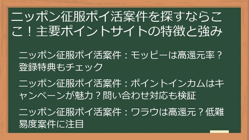 ニッポン征服ポイ活案件を探すならここ！主要ポイントサイトの特徴と強み