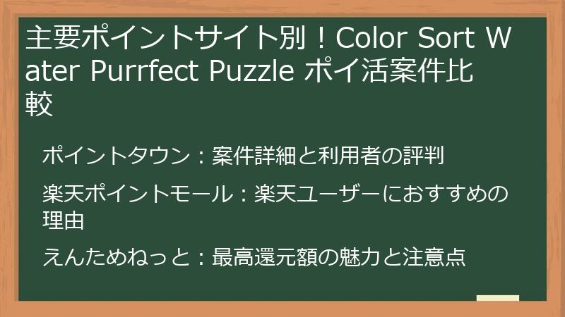 主要ポイントサイト別！Color Sort Water Purrfect Puzzle ポイ活案件比較