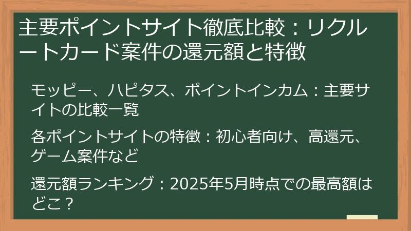 主要ポイントサイト徹底比較：リクルートカード案件の還元額と特徴
