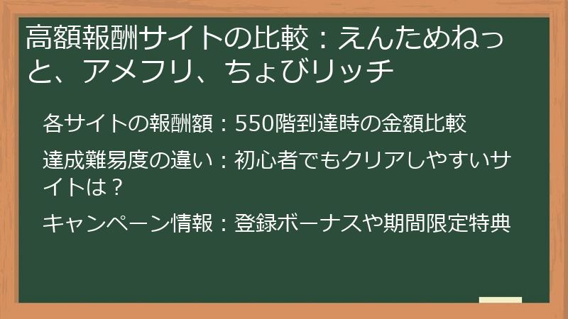 高額報酬サイトの比較：えんためねっと、アメフリ、ちょびリッチ