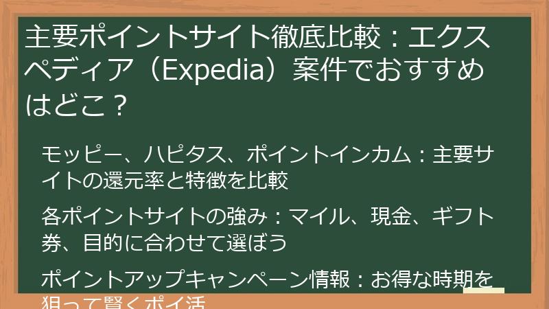 主要ポイントサイト徹底比較：エクスペディア（Expedia）案件でおすすめはどこ？