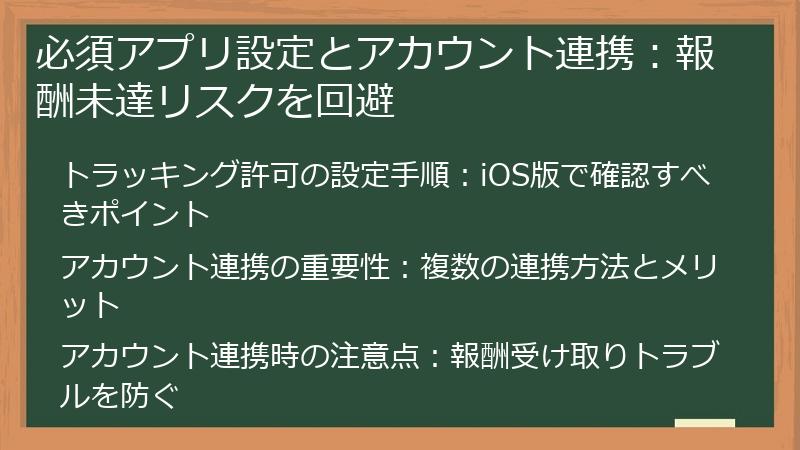 必須アプリ設定とアカウント連携：報酬未達リスクを回避