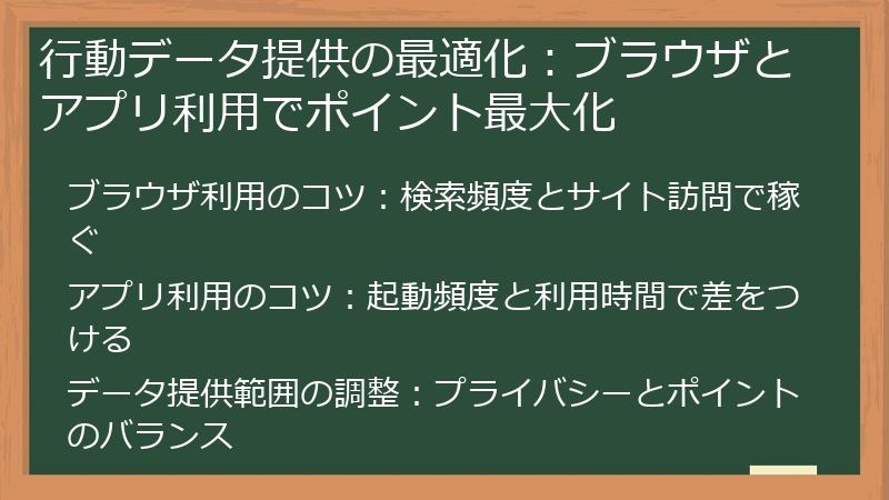 行動データ提供の最適化：ブラウザとアプリ利用でポイント最大化