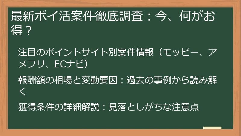 最新ポイ活案件徹底調査：今、何がお得？