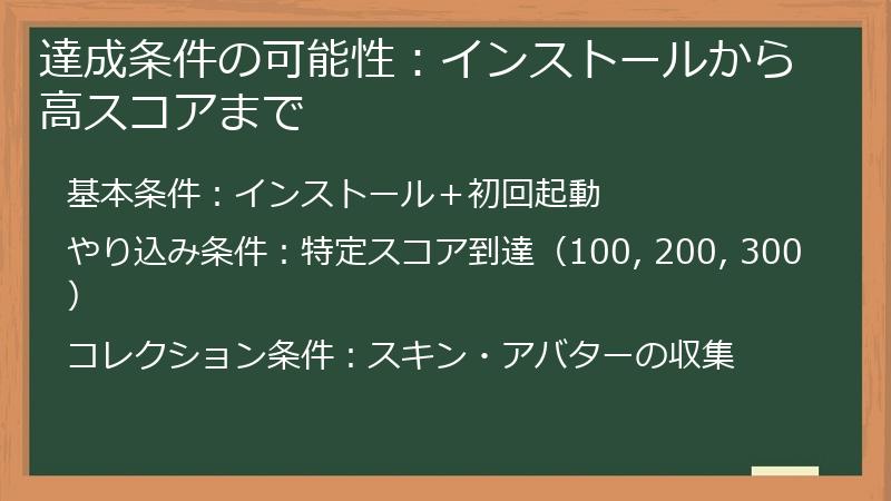 達成条件の可能性：インストールから高スコアまで