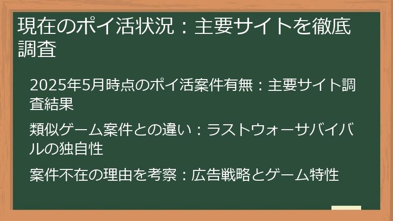 現在のポイ活状況：主要サイトを徹底調査
